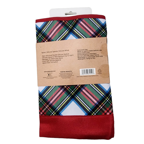 CWC Cook With Color Happy Holidays 3pc Baking Set Plaid Apron Spatula Whisk - Picture 2 of 3